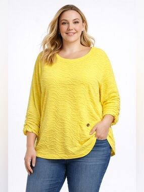 NWT Ali Miles Plus Yellow Textured Knit Ruched Sleeve Tunic Top With Pocket 2X